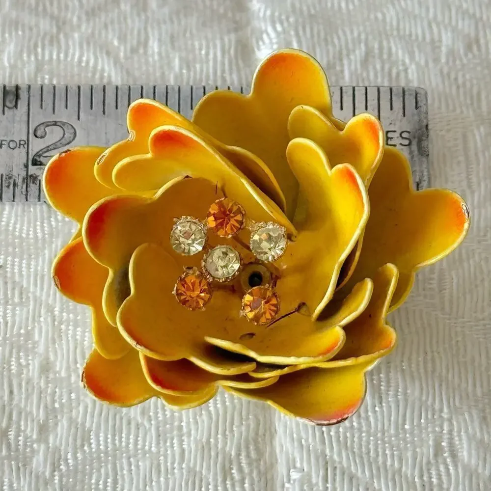 Vintage CORO Flower Brooch Large Yellow & Orange Enamel Metal Rhinestone Pin